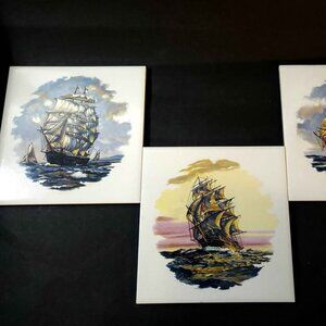 Three Vintage Ceramic Tiles Featuring Sailing Ships 6 x 6